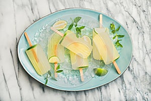 Summer lemonade popsicles with lime, mint leaves and chipped ice