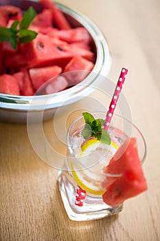 Summer Lemonade with slices of watermelon, lemon and garnished with fresh mint