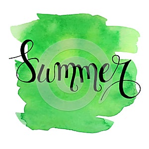Summer lettering on green watercolor stroke.