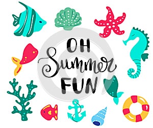 Summer lettering. Hand drawn summer banners with marine stickers. Bright summertime poster. Collection Summer hand drawn