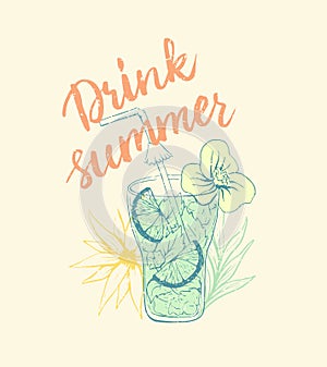 Summer lettering with mojito coctail ink illustration