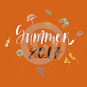 Summer lettering on orange background with doodle drawings.