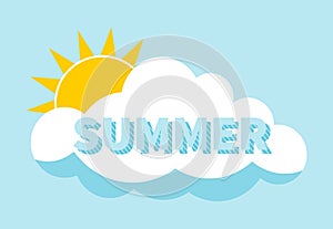 Summer lettering and sun behind cloud background. Summer concept. Flat design