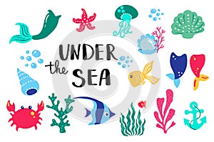 Summer lettering under sea. Set hand drawn icons, signs and banners. Bright summertime poster. Collection Summer hand