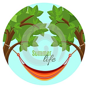 Summer life vector illustration with hammock hanging between green trees