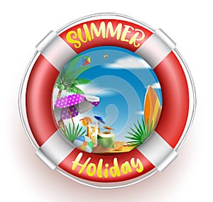 Summer lifebuoy vector concept design. Summer holiday text in life buoy in white background with beach elements for fun and relax.