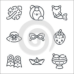 summer line icons. linear set. quality vector line set such as ice cream, paper boat, fins, strawberry, sunglasses, hat, mermaid,