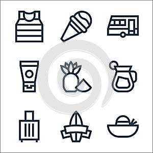 Summer line icons. linear set. quality vector line set such as pamela hat, surf, baggage, drink, pineapple, sunscreen, caravan,