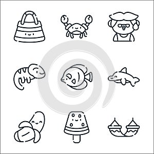 Summer line icons. linear set. quality vector line set such as hammock, watermelon, banana, dolphin, fish, chameleon, man, crab