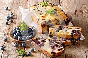 Summer loaf of fresh blueberry muffin bread cake decorated with