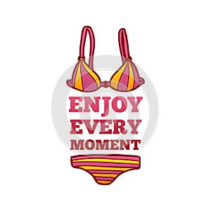 Summer logo enjoy every moment. Summer logo with a female swimsuit in a cartoon style