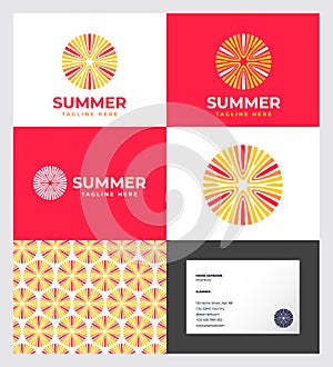 Summer logo. Sun Rays with letters, seamless pattern. Identity. Business card.