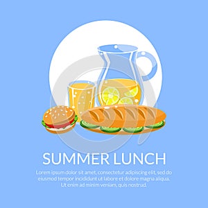 Summer Lunch Banner Template with Place for Text, Lemonade Jug, Sandwich and Burger Vector Illustration