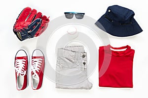 Summer male`s collection collage of clothing isolated white background