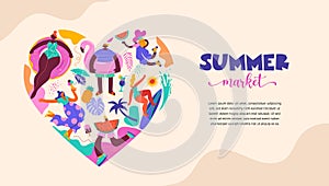 Summer market heart design with cute vacation doodles and icons. Feel the summer concept - beach vector graphic elements