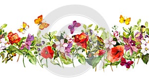 Summer meadow flowers and butterflies. Repeating frame. Watercolor