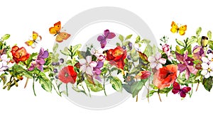 Summer meadow flowers and butterflies. Repeating frame. Watercolor photo