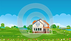 Summer meadow with a large house, ponds, green trees and flowers with a blue sky. Vector illustration