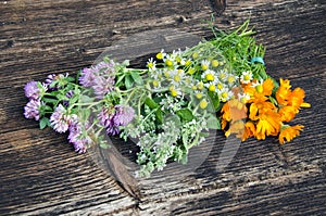 Summer medical herbs flowers bunch on old wooden background