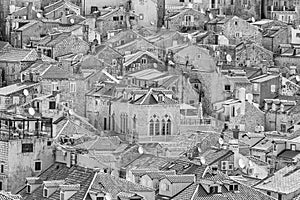 Summer mediterranean cityscape in black-and-white color - view of the roofs of the Old Town of Dubrovnik