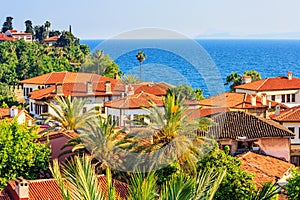 Summer mediterranean cityscape - view of the roofs of the Kaleici area, the historic city center of Antalya
