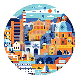 Summer Mediterranean Town Circle Poster or Print