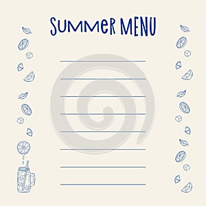 Summer menu design with decorative elements and space for drinks and dishes