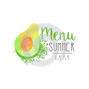 Summer menu logo design, label with avocado for healthy food and drinks, vegetarian restaurant and bar menu, fruit