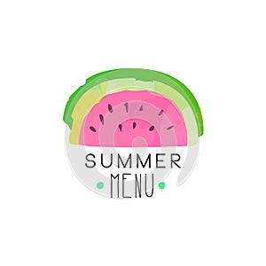 Summer menu logo, label with watermelon for healthy food and drinks, vegetarian restaurant and bar menu, fruit market