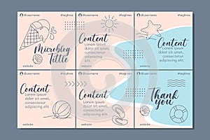 Summer microblog carousel template for social media with linear summer elements, soft colors