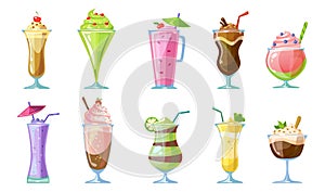 Summer milkshake collection.Delicious non-alcoholic cocktails and milkshakes isolated on white background. Chocolate, strawberry,
