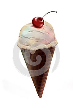 Digital hand drawn vanilla ice cream in the waffel chocolate cone with with cherry