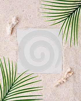 Summer minimalist card mockup / template on a sand background with palm leaves - ideal for elegant branding identities - flat lay photo