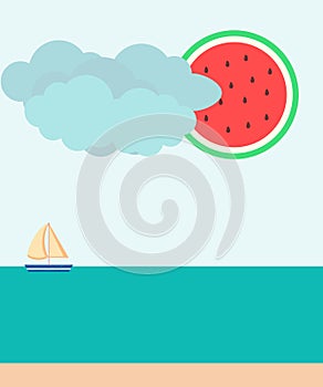 summer minimalist graphic sea and sailboat sun watermelon color