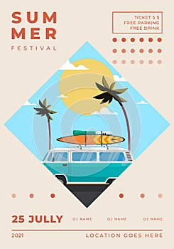 summer minimalist poster design with vintage van