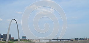 Summer in Missouri: Gateway Arch and Eads Bridge over Mississippi River in St. Louis