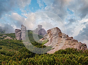 Summer misty morning cloudy Carpathian Mountains (Chornohora range, Ukraine