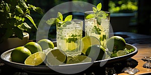 Summer mochito with lime and fresh mint, against the background of the green garden, brings a feel