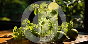 Summer mochito with lime and fresh mint, against the background of the green garden, brings a feel