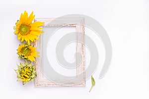 Summer mockup wooden photo frame with sunflower flowers on white background.