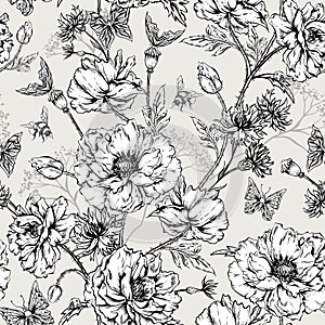 Summer Monochrome Vintage Floral Seamless Pattern