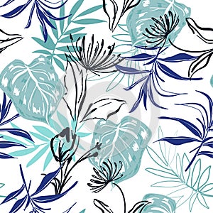 Summer monotone blue Hand sketch and drawing tropical flowers a