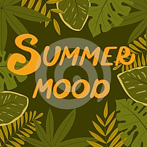 Summer mood concept design, square illustration with exotic jungle leaves