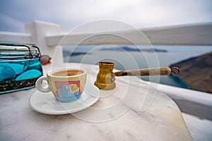 Summer morning, Enjoy Traditional Greek coffee at Greek Islands, Santorini, one of the most beautiful travel destinations of the