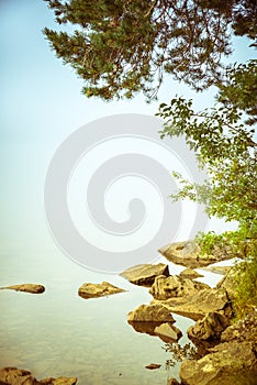 Summer morning on a lake with fog