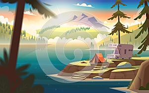 Summer morning landscape with mountain lake view and camping . Summer camp on river shore.