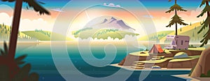 Summer morning landscape with mountain lake view and camping . Summer camp on river shore. Horesontal banner