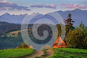 Summer morning mountain village outskirts with wooden shed in front and Tatra range behind Gliczarow Gorny, Poland.