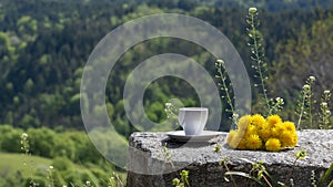 Summer morning among nature outdoor while vacation or weekend. Coffee cup and yellow dandelions on background mountains