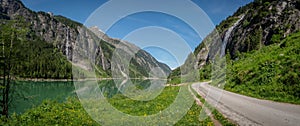 Summer morning at the Stillup reservoir in the Zillertal in Tyrol